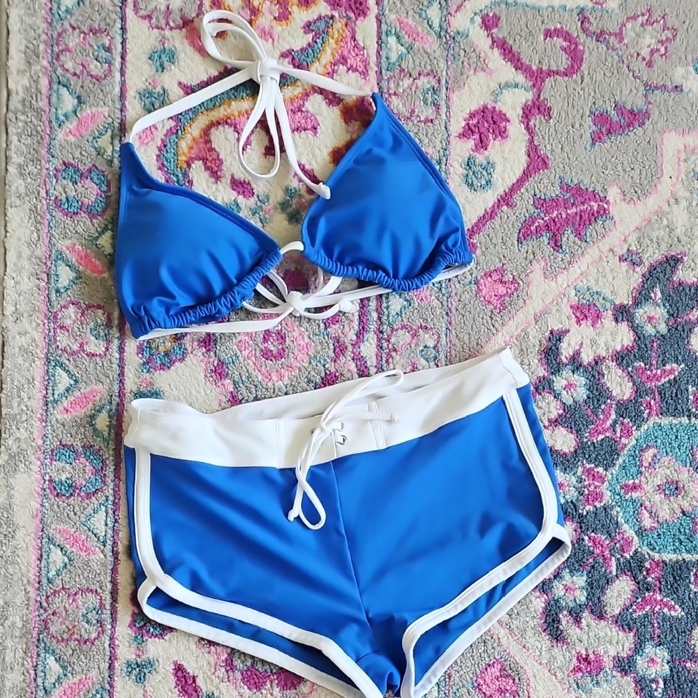 Blue and White Bikini Set (Halter/tie Back]